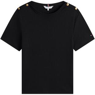 Tommy26春夏女装纯棉优雅休闲通勤金色肩扣圆领合身短袖T恤上衣