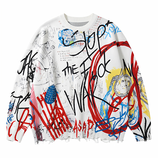 邓为明星同款高级感破洞涂鸦做旧感针织毛衣圆领上衣秋冬男女