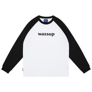 WassupHouse插肩长袖t恤男纯棉国潮宽松美式打底衫情侣内搭上衣女