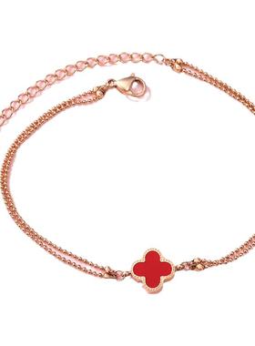 18k双层钛钢玫瑰金四叶草手链