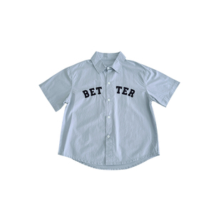 男童夏季新款字母绣花衬衫2026蓝色男孩短袖衬衣儿童酷帅清爽透气