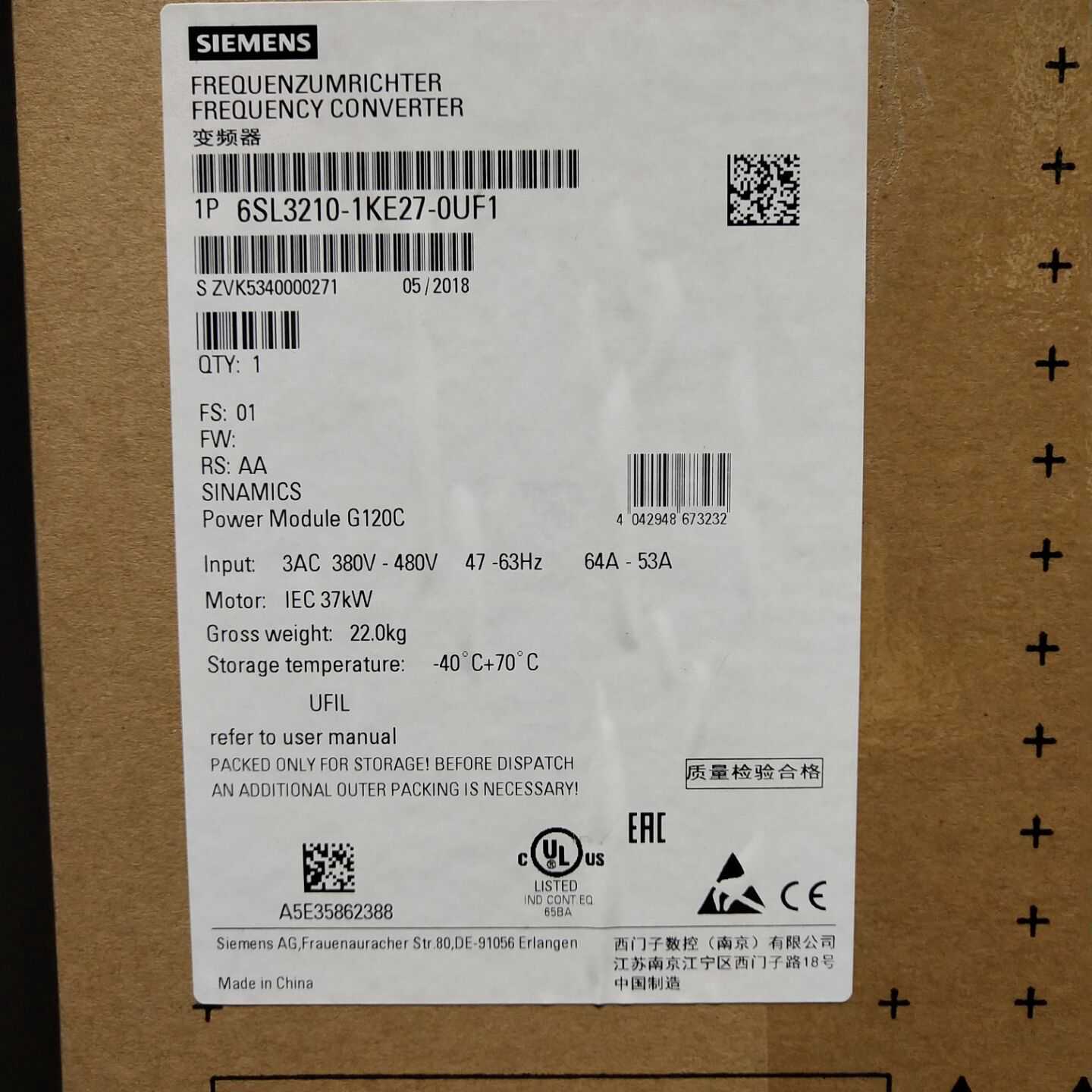 议价6SL3210-1KE27-0AB1全新G120C变频器37.0kW现货6SL32101KE270