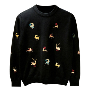 欧美潮牌圣诞麋鹿刺绣毛衣男秋冬款潮流个性修身上衣圆领针织衫男