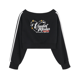 辣到中暑秋季美式甜辣妹条纹斜肩短款长袖卫衣显瘦露肩上衣ins风