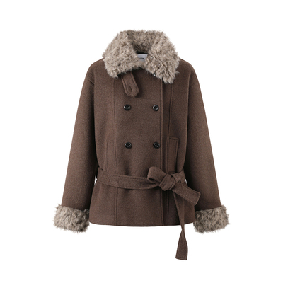 7Shiftin 原创设计双排扣棕色毛呢外套冬季高级毛领保暖呢子大衣