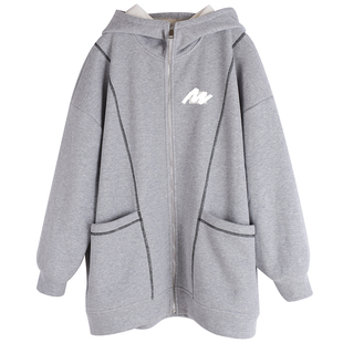 轻亚街头风慵懒风休闲加绒胖莹莹大码女装学院风拉链卫衣连帽外套