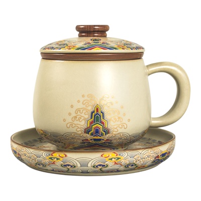 汝窑茶杯带盖茶水分离过滤水杯