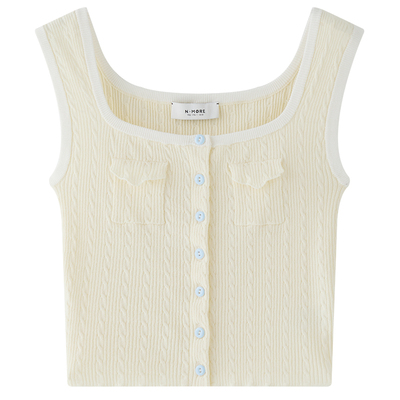 月桂黄口袋装饰绞花针织马甲