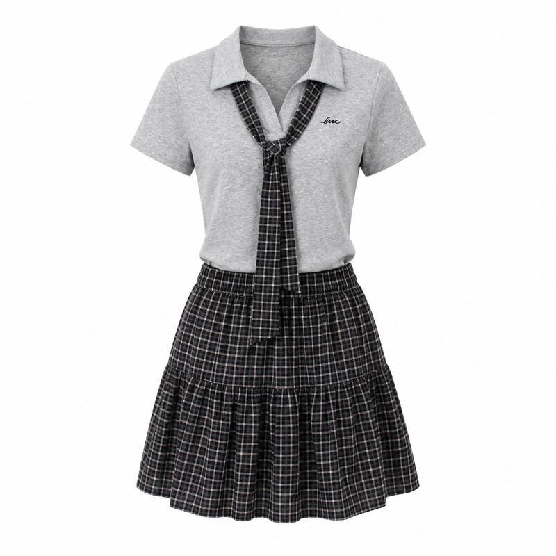 学院风领带短袖套装女夏格子百褶
