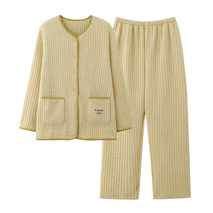 芬腾可安睡衣女款2025新款冬季高级感纯棉夹层空气棉加厚绿家居服