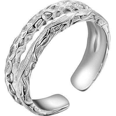 老银匠s925银不规则纹理双层戒指女冷淡风小众设计开口纯银食指戒