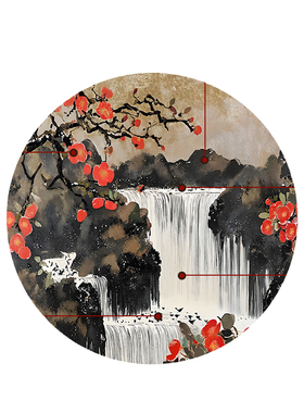 流水生财玄关装饰画高级感灯画大气风景山水画茶室新中式圆形壁画