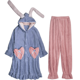 珊瑚绒睡衣女秋冬季加绒加厚睡袍2025年新款长款法兰绒家居服套装