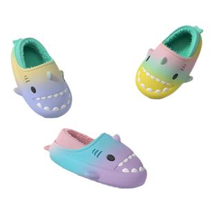 可爱少女心彩虹鲨鱼棉拖鞋男女秋冬季室内居家防水防滑保暖毛拖鞋
