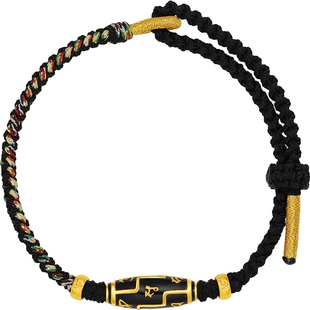 周六福黄金手绳男女款5d硬金定价九华山佛珠黑色编绳手链新年礼物