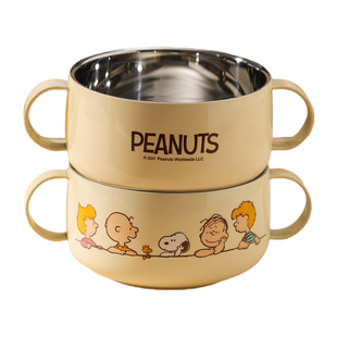 史努比儿童饭碗316L不锈钢餐具宝宝吃饭专用防摔带盖双耳汤碗辅食