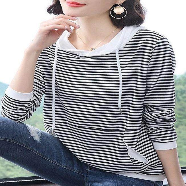 条纹卫衣女宽松秋装2019初秋新款韩版大码帽衫连帽薄款上衣带帽春在类目 女装/女士精品, 卫衣/绒衫中 - 来自Buy2taobao.com提供专业的淘宝代购服务