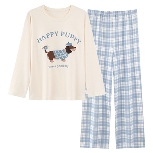 带胸垫睡衣女款棉质长袖套头春秋季卡通网红腊肠狗格子家居服套装