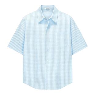 Dream made蓝色泡泡纱肌理感短袖衬衫男夏季薄款透气情侣格子衬衣