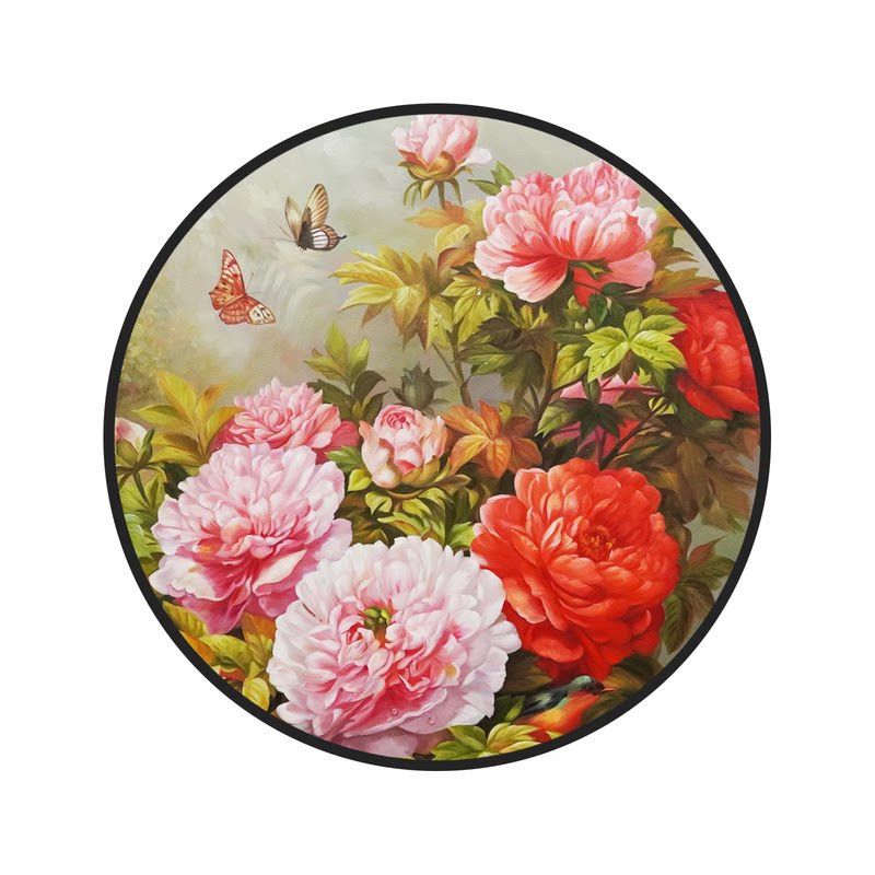 牡丹花纯手绘油画圆形花卉餐厅入户玄关装饰画现代客厅新中式挂画