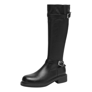 红蜻蜓长筒靴女士2025新款黑色厚底显瘦帅气棕色骑士靴中高筒长靴