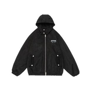 GOGOSOON男生黑色连帽麂皮绒拉链社恐夹克外套340g春秋装青少年Q