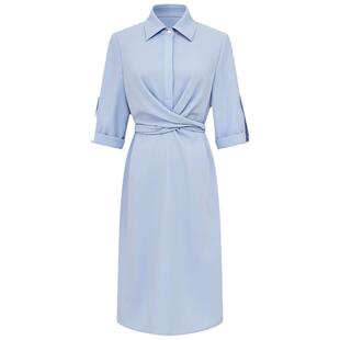 曼德诗简约翻领衬衫裙半袖收腰小蓝裙