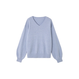 时然大码蓝色纯色V领针织衫微胖mm冬季新款长袖上衣春秋针织毛衣