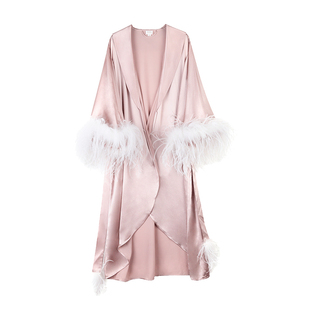 李依晓同款』丝侬真丝睡袍女进口鸵鸟羽毛中式新娘结婚桑蚕丝晨袍