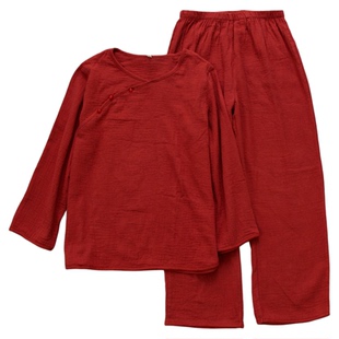 女士结婚睡衣纯棉双层绉布棉纱红色睡眠服本命年家居服套装长袖
