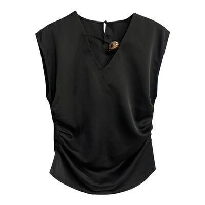 黑色高级感缎面雪纺半袖上衣