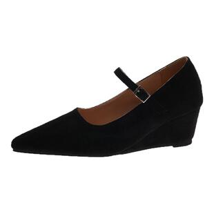 2026春秋新款绒面性感坡跟尖头一字带玛丽珍女鞋复古气质高跟鞋子