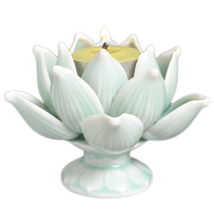 青瓷佛堂前莲花供灯供佛酥油灯座陶瓷荷花灯盏供奉贡灯蜡烛杯烛台