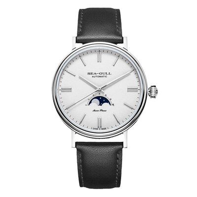 新品正品海鸥手表男士商务简约皮带休闲全自动机械表月相男表6136