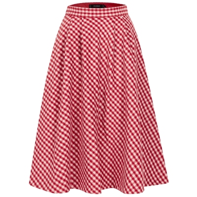 【奥莱】MAXRIENY复古红白格纹长裙秋法式高腰A字裙大摆裙