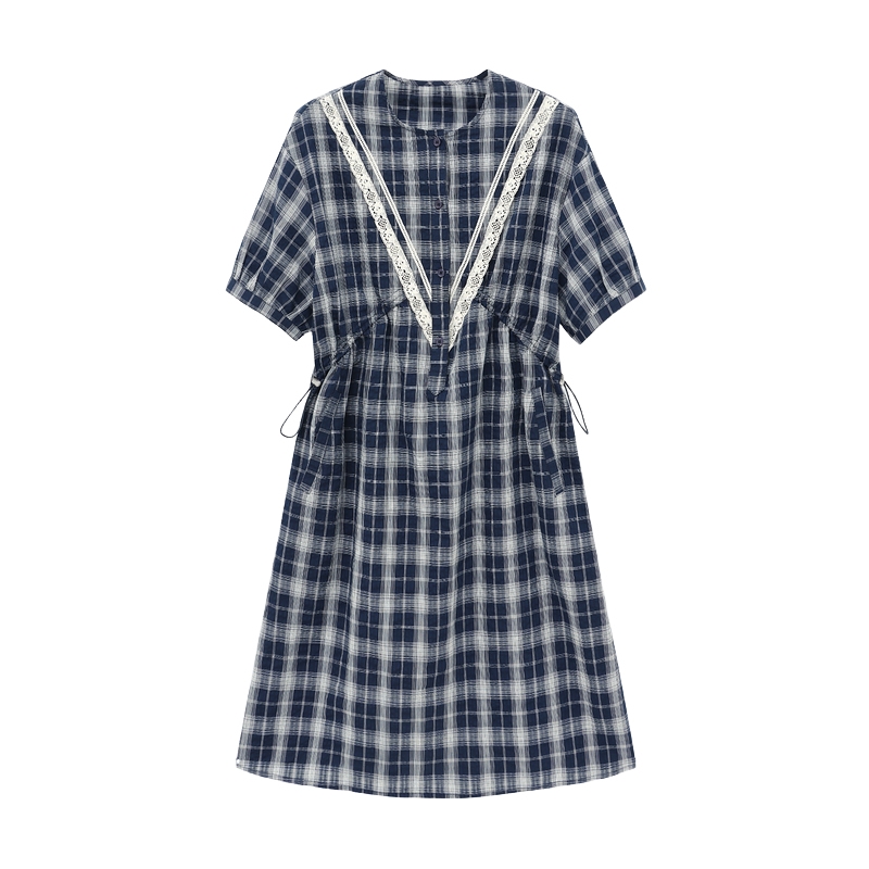 Basic House/百家好蕾絲拼接格子連衣裙女夏季新款撞色收腰中長裙