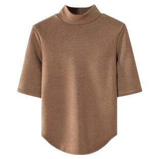 纯欲风燕尾T恤女装五分袖秋冬新款中高领修身加绒加厚保暖打底衫