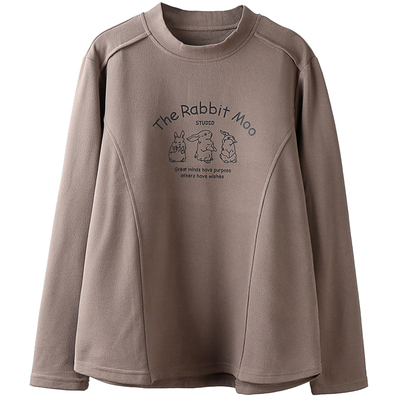 长袖加厚兔子印花德绒大码女T恤