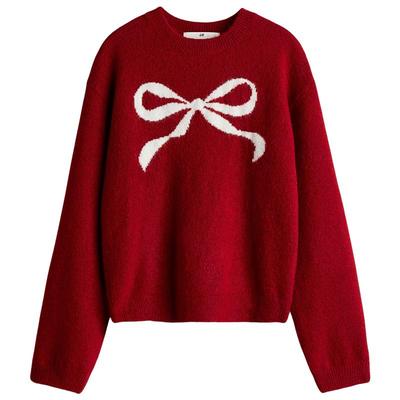 HM童装儿童女童毛衣冬季新款红色圣诞蝴蝶结针织打底套衫1306970