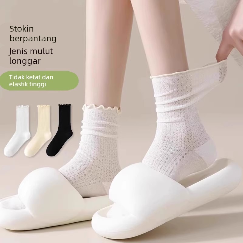 网眼袜子女夏季薄款纯棉吸汗透气松口无骨月子白色堆堆长筒袜夏天