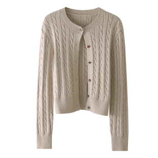 HAMYIHO 驼色麻花针织开衫绞花毛衣外套女早春外搭2026新款上衣灰