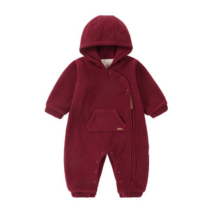 Oak mont冬装宝宝衣服婴儿加绒连体衣加厚保暖蚕丝绒红色拜年爬服