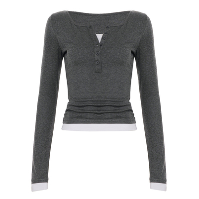 WEEKEEP 简约休闲排扣假两件拼接长袖T恤女百搭修身褶皱收腰上衣