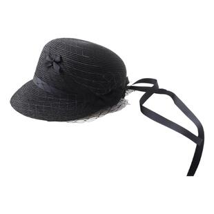 春夏新款长蝴蝶结网纱圆顶草帽女春夏季显脸小马术帽遮阳鸭舌帽女