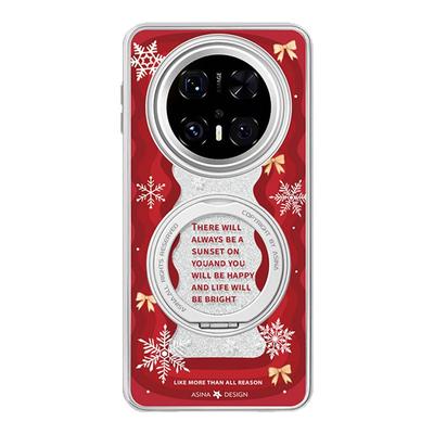 红色雪花波浪适用华为Mate60Pro手机壳磁吸带支架新款mt70por+支点保护套简约Qo1高级感新年mete60全包闪粉女