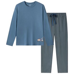 SCHIESSER舒雅男士纯棉圆领竖条纹圆领宽松大码睡衣家居服套装