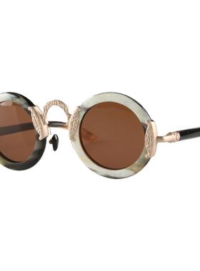 文艺立体圆柱形镜腿复古铜金属鼻梁牛角圆形遮阳偏光太阳眼镜墨镜