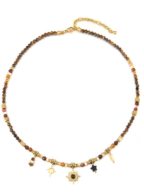 天然石串珠不锈钢项链美拉德虎眼石感不掉色叠戴长毛衣链秋冬