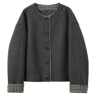 三彩2025冬季新款宽松短款呢大衣毛呢外套休闲圆领复古简约M