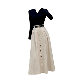 港风洋气秋冬套装针织黑色V领上衣配腰带麂皮绒半身裙两件套裙女